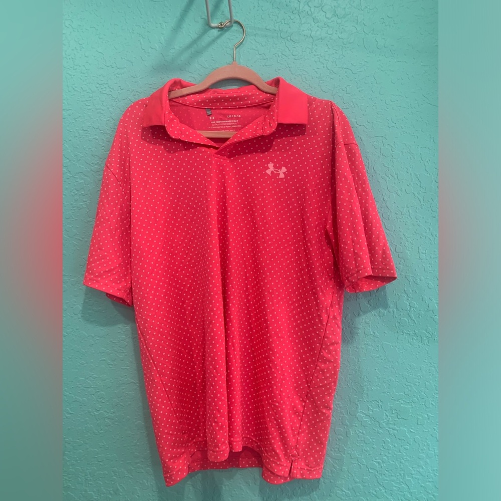 UA Under Armour Men’s neon Pink Polo polka dots performance golf resort preppy